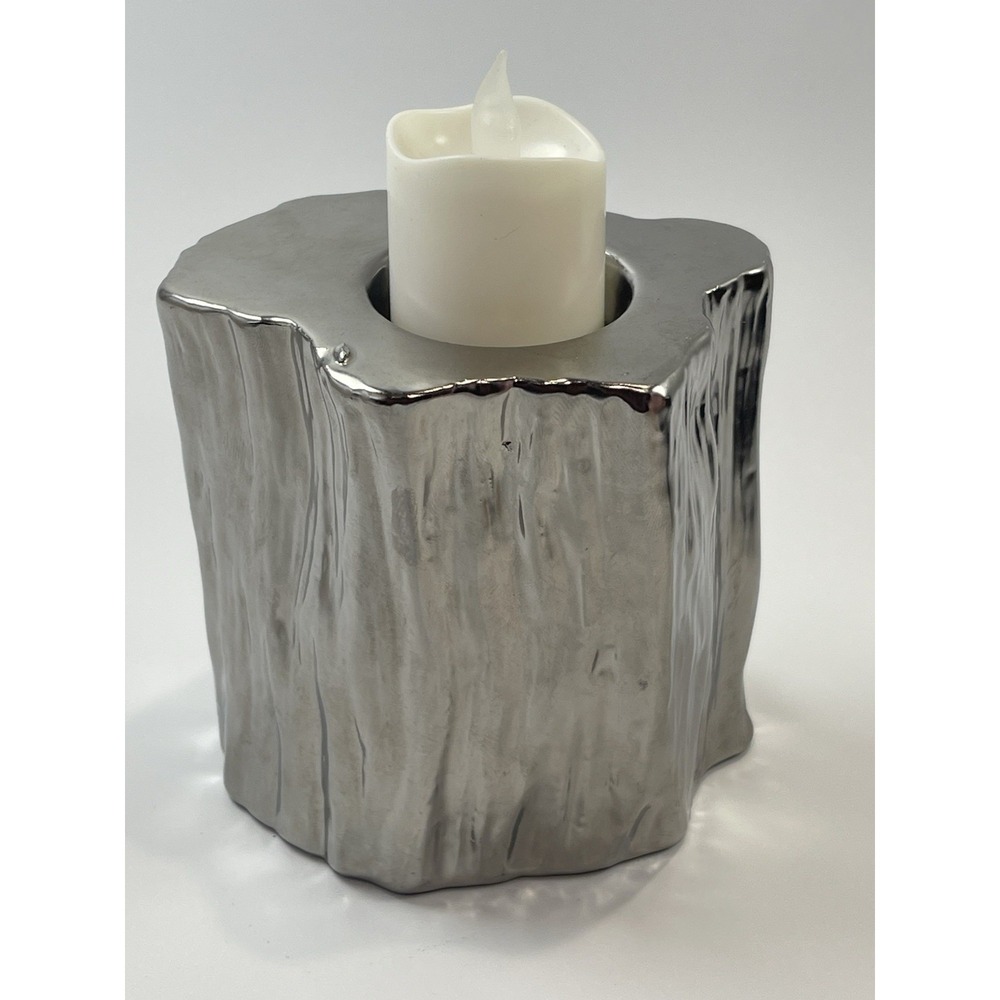 CHEHOMA Silver Ceramic Decorative Table Tea‎ Light Candle Holder Log 4.5 in